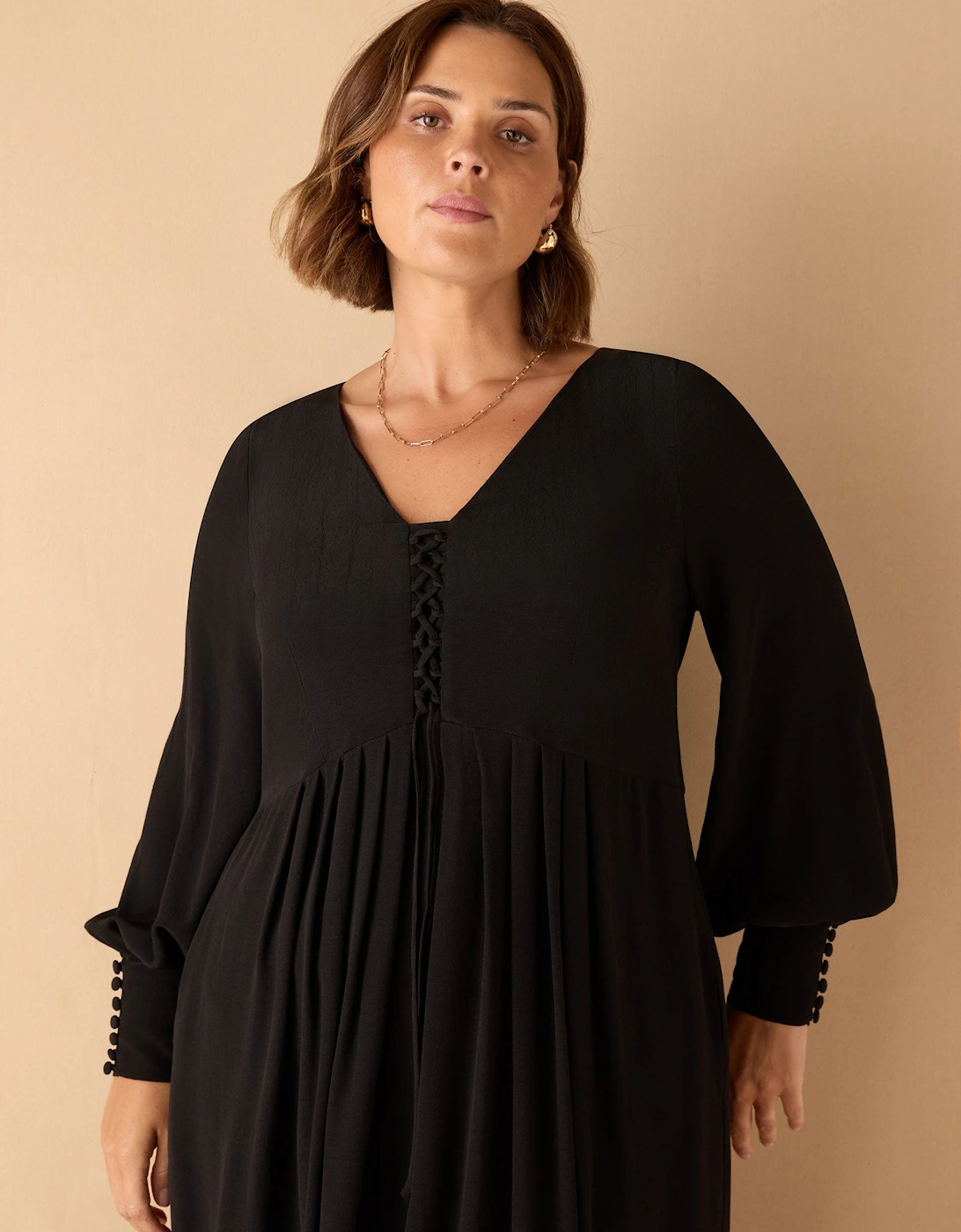 Black Lace Up Blouson Sleeve Midi Dress