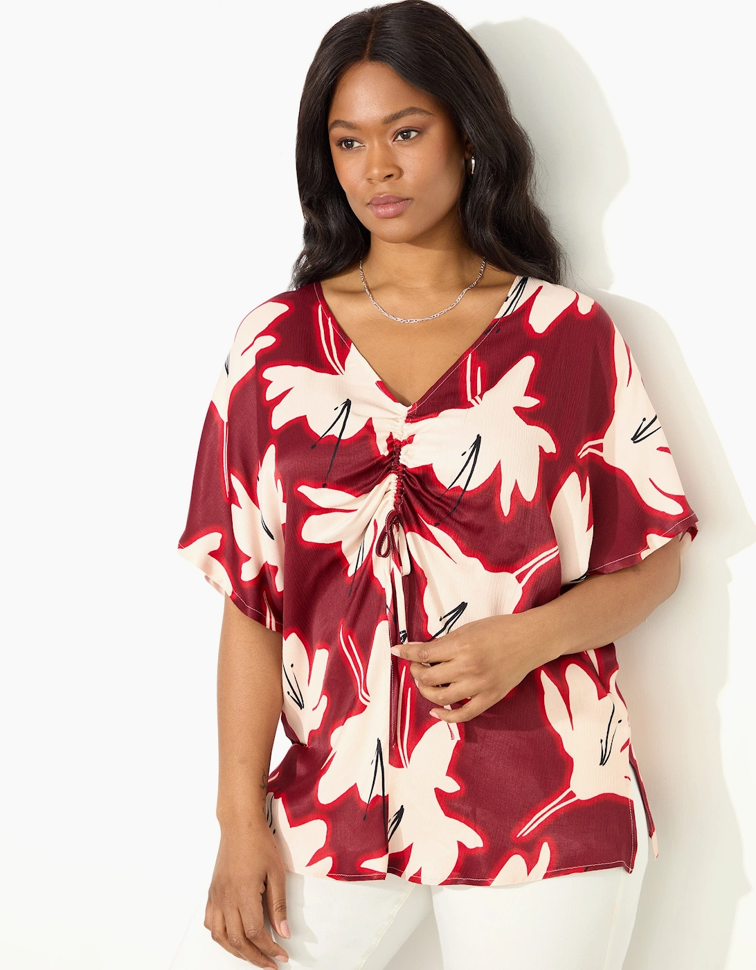 Petite Red Floral Print Ruched Front Blouse