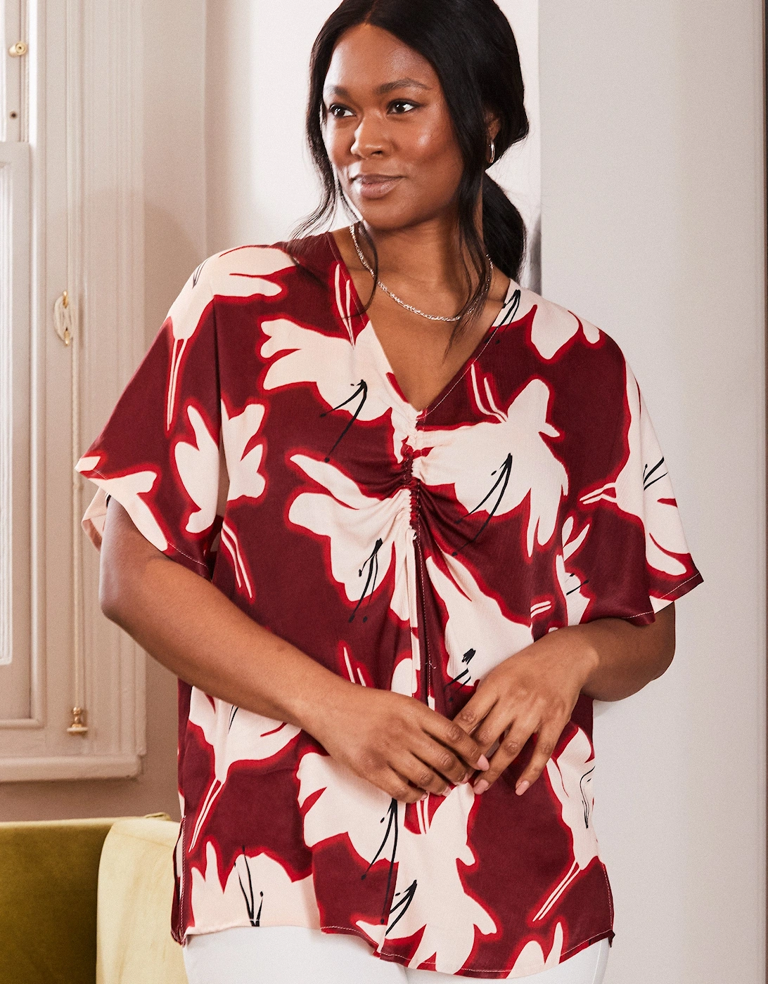 Petite Red Floral Print Ruched Front Blouse