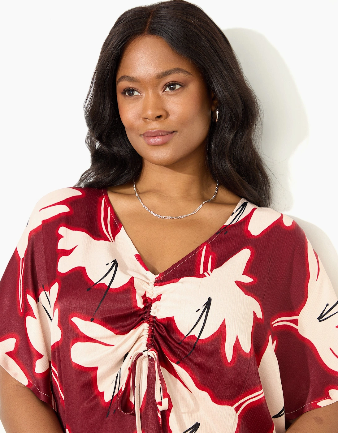 Petite Red Floral Print Ruched Front Blouse