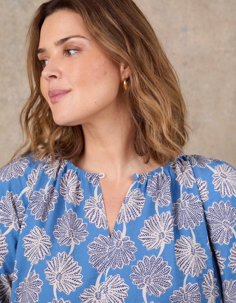 Blue Floral Print Raglan Puff Sleeve Blouse