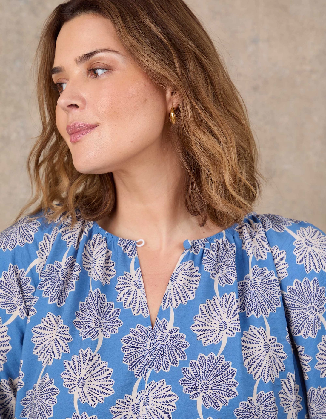 Blue Floral Print Raglan Puff Sleeve Blouse