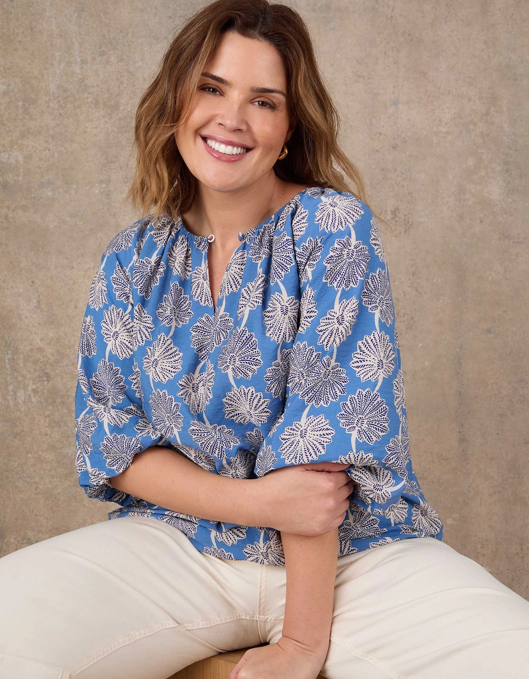 Blue Floral Print Raglan Puff Sleeve Blouse