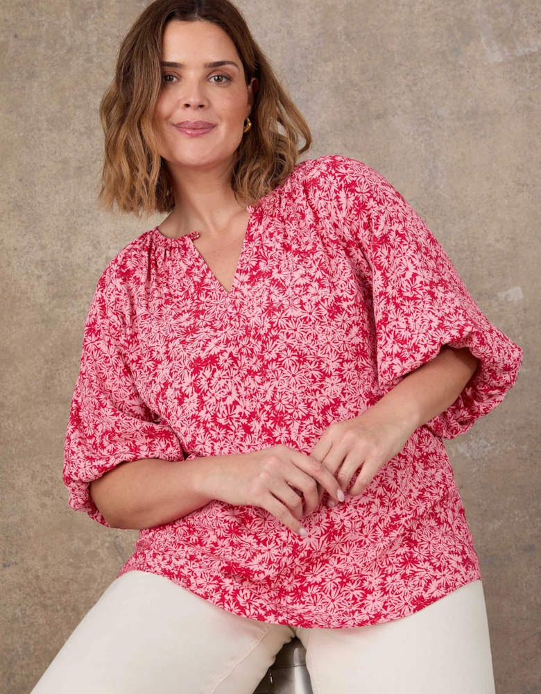 Pink Floral Print Puff Sleeve Blouse