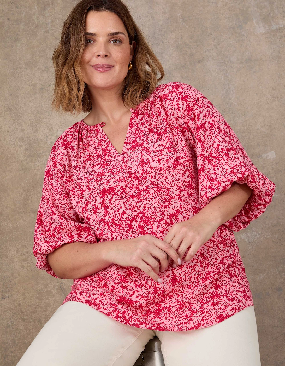 Pink Floral Print Puff Sleeve Blouse