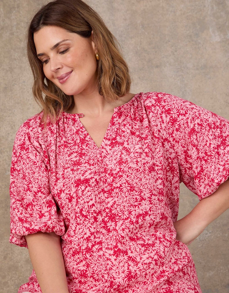 Pink Floral Print Puff Sleeve Blouse