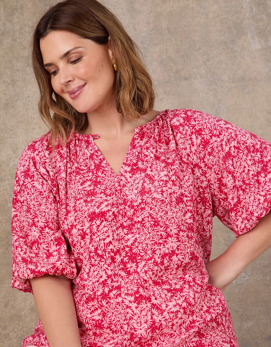 Pink Floral Print Puff Sleeve Blouse