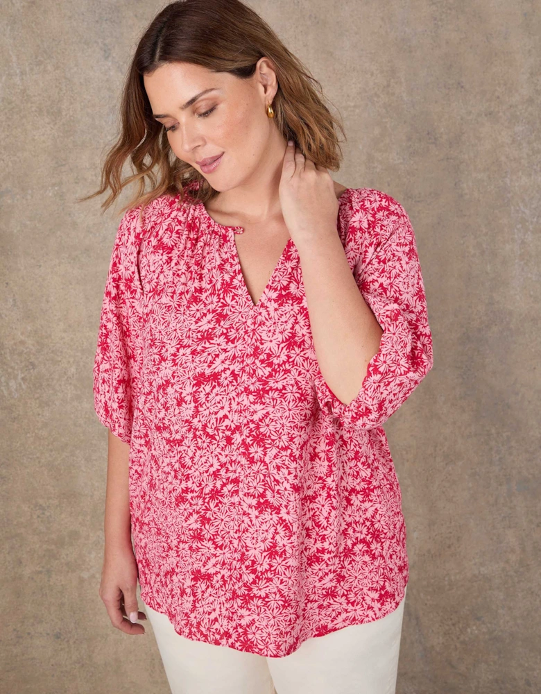 Pink Floral Print Puff Sleeve Blouse