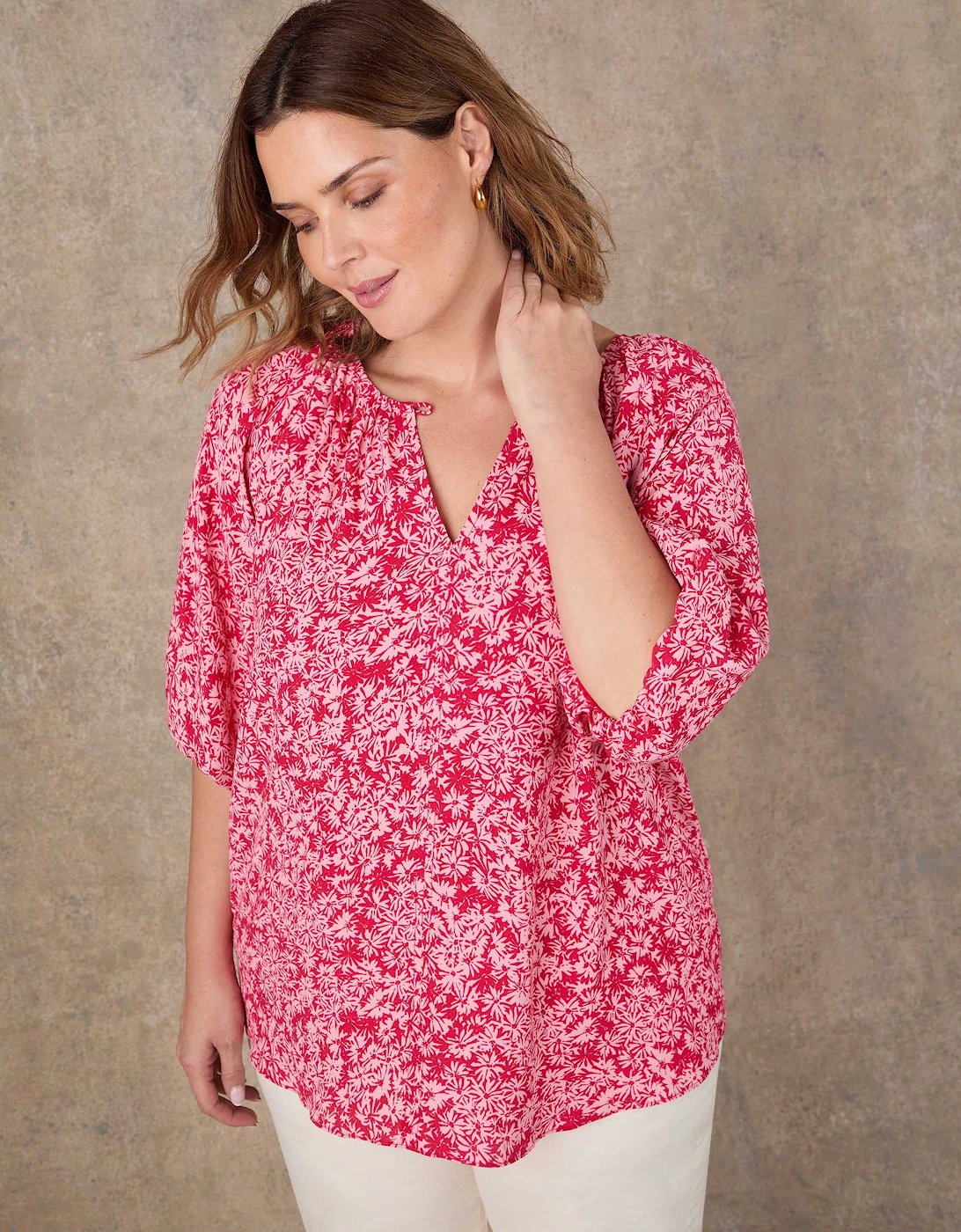 Pink Floral Print Puff Sleeve Blouse