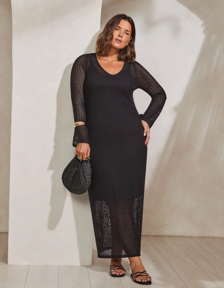 Black Crochet Bell Sleeve Midaxi Dress