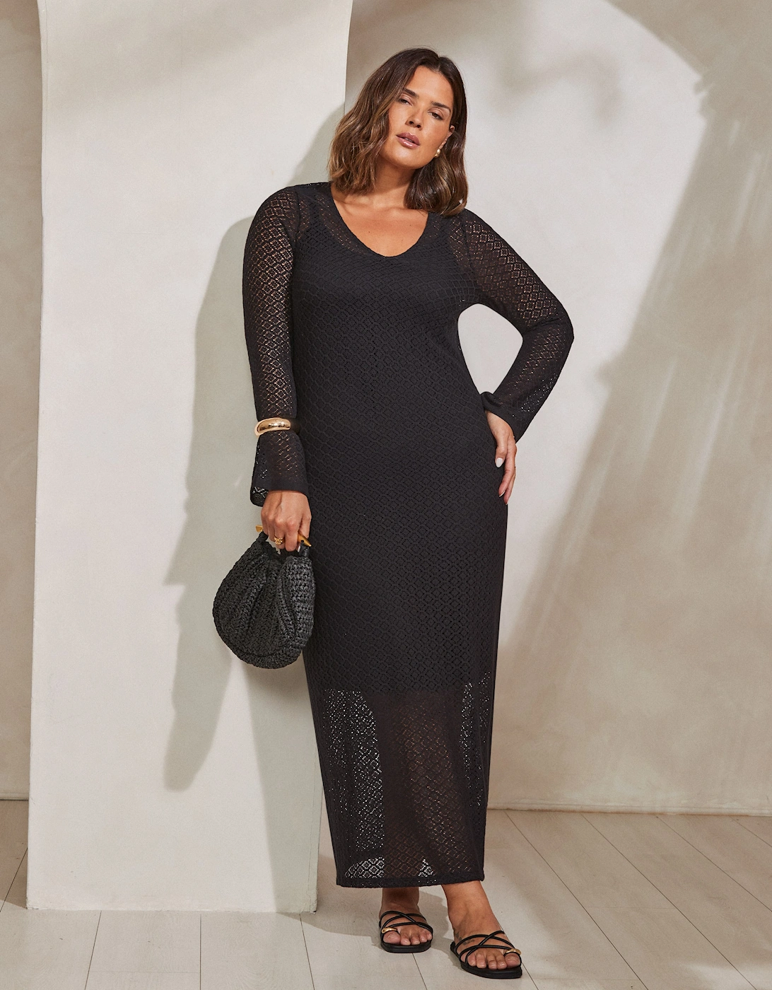 Black Crochet Bell Sleeve Midaxi Dress