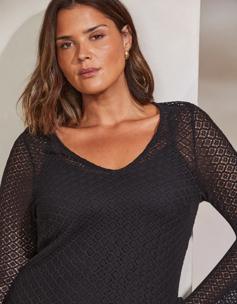 Black Crochet Bell Sleeve Midaxi Dress