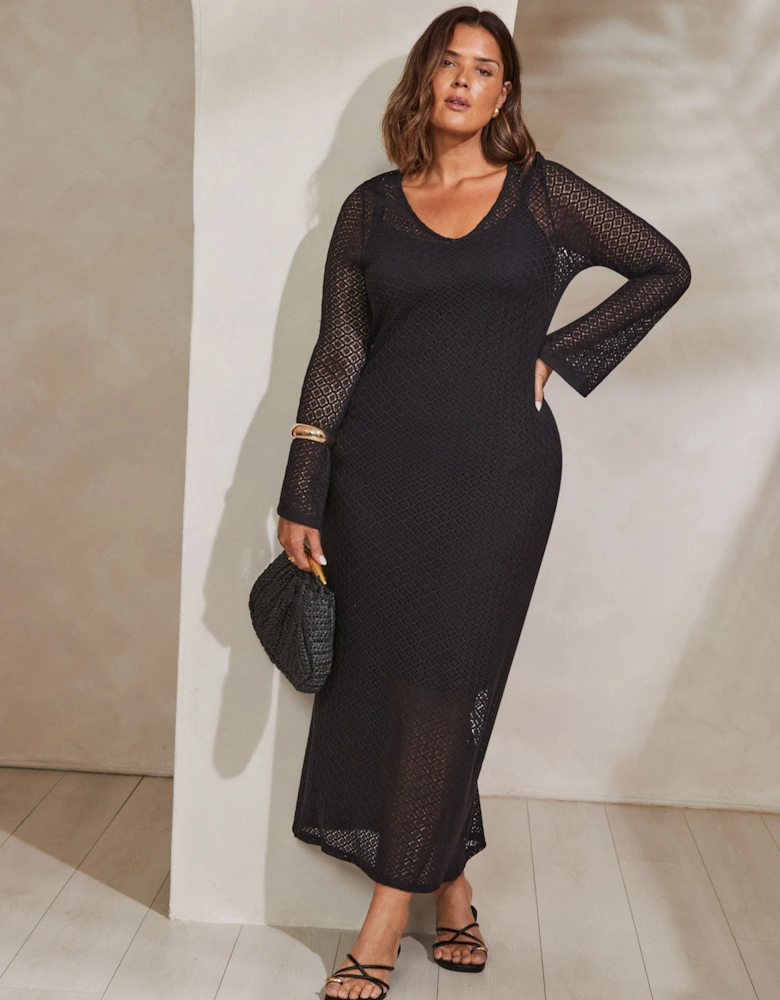 Black Crochet Bell Sleeve Midaxi Dress