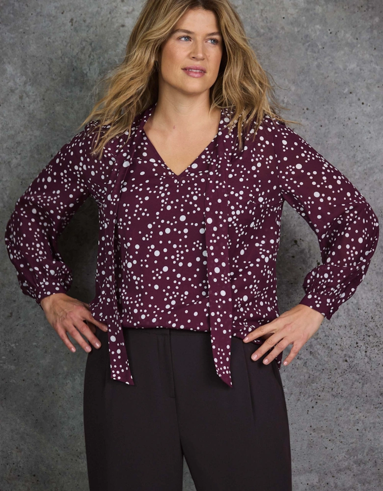 Burgundy Spot Print Tie Neck Blouse