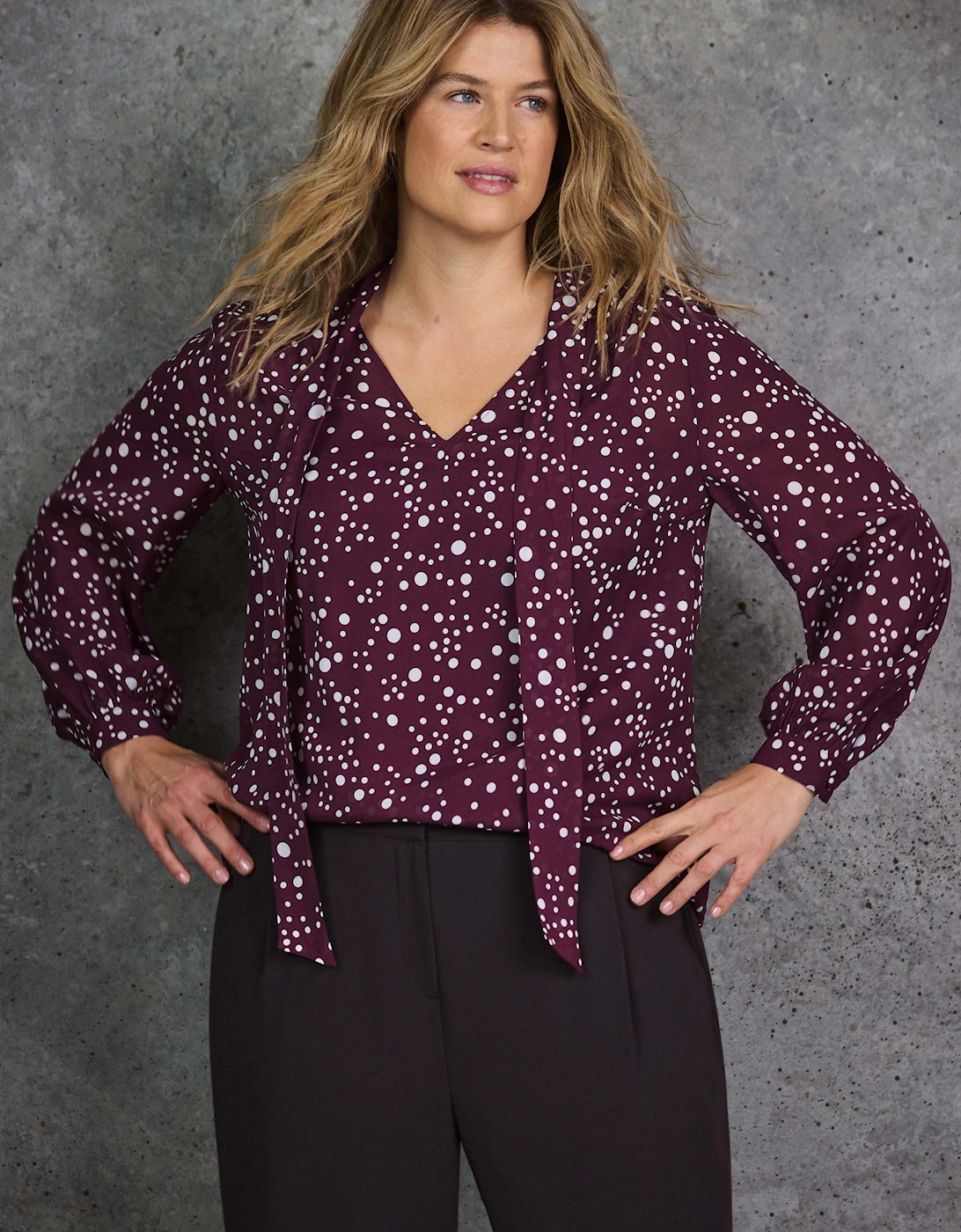 Live Unlimited London Live Unlimited London Women's Burgundy Spot Print Tie Neck Blouse - Purple