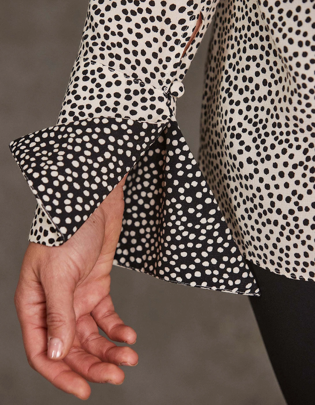 Ecru Polka Dot Print Nehru Collar Blouse