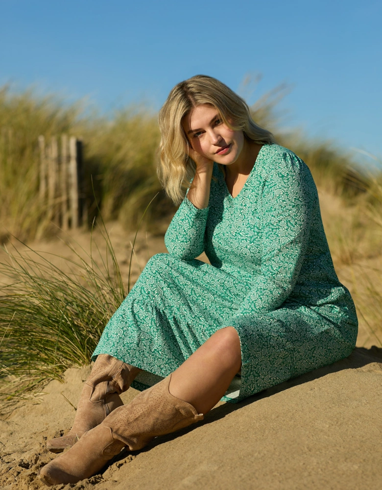 Green Ditsy Leaf Cotton Slub Tiered Midi Dress