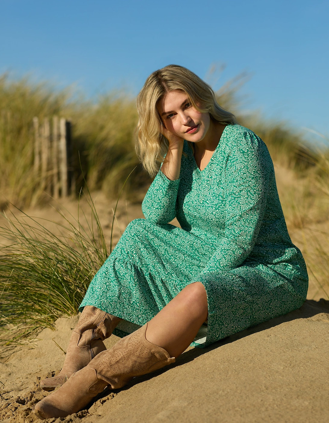 Green Ditsy Leaf Cotton Slub Tiered Midi Dress