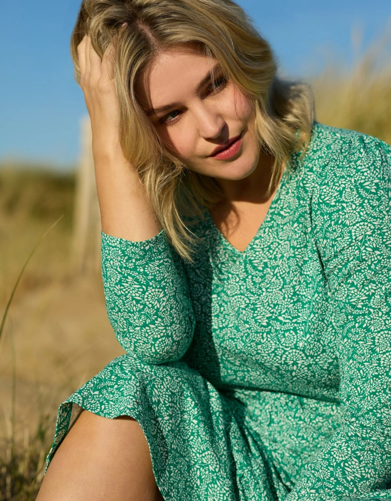 Green Ditsy Leaf Cotton Slub Tiered Midi Dress