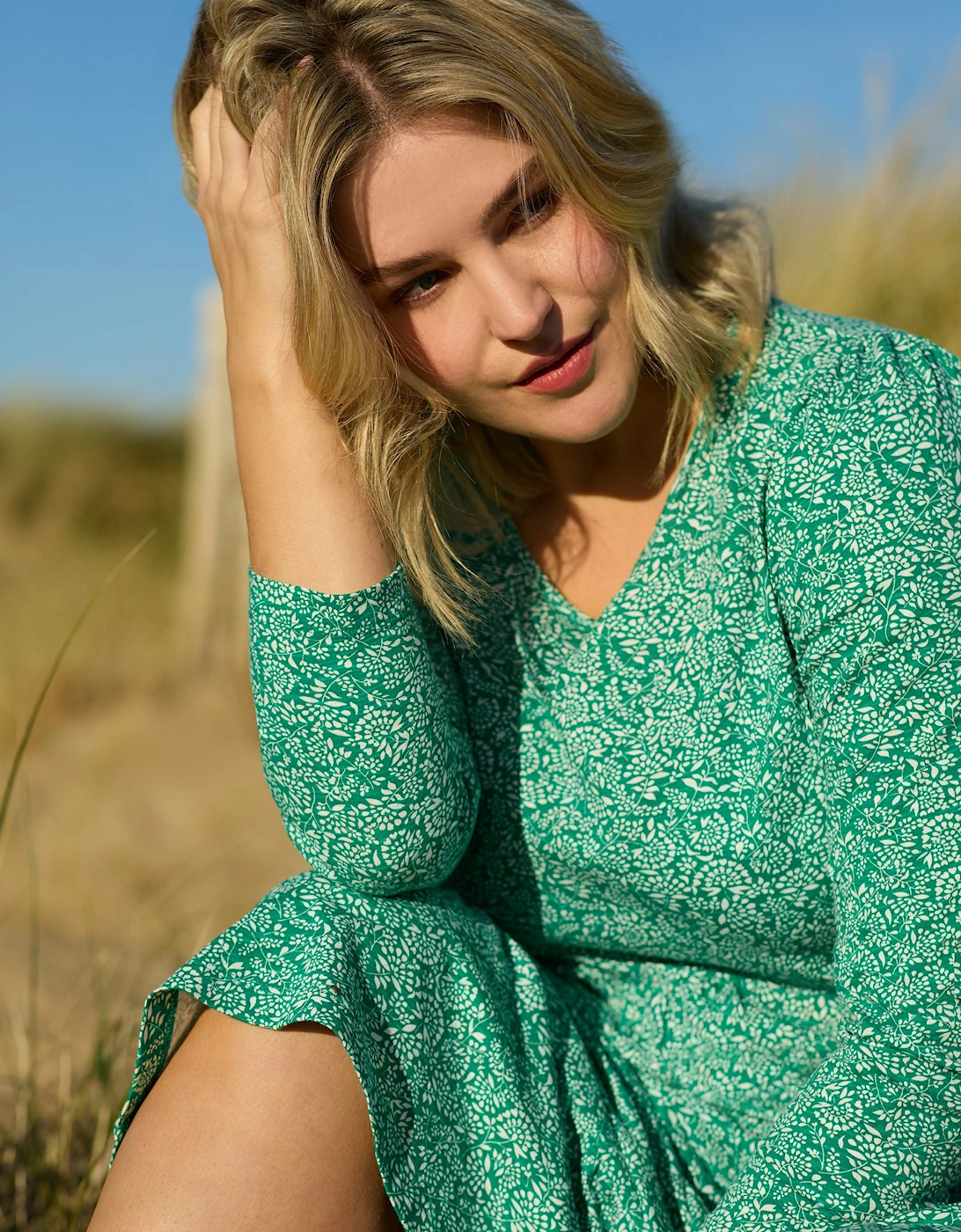Green Ditsy Leaf Cotton Slub Tiered Midi Dress