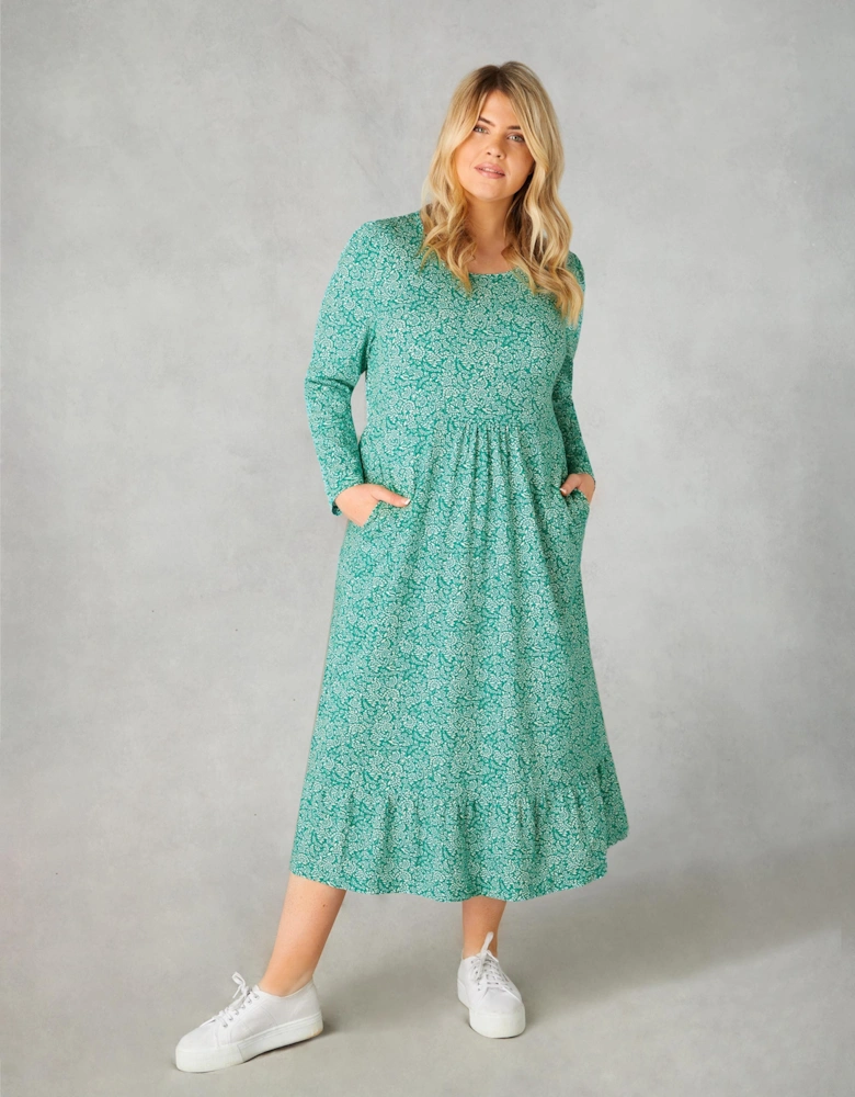 Green Ditsy Leaf Cotton Slub Tiered Midi Dress