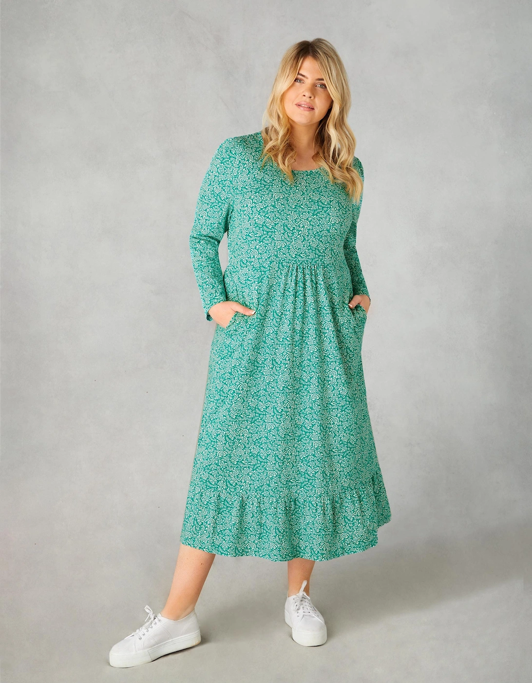 Green Ditsy Leaf Cotton Slub Tiered Midi Dress