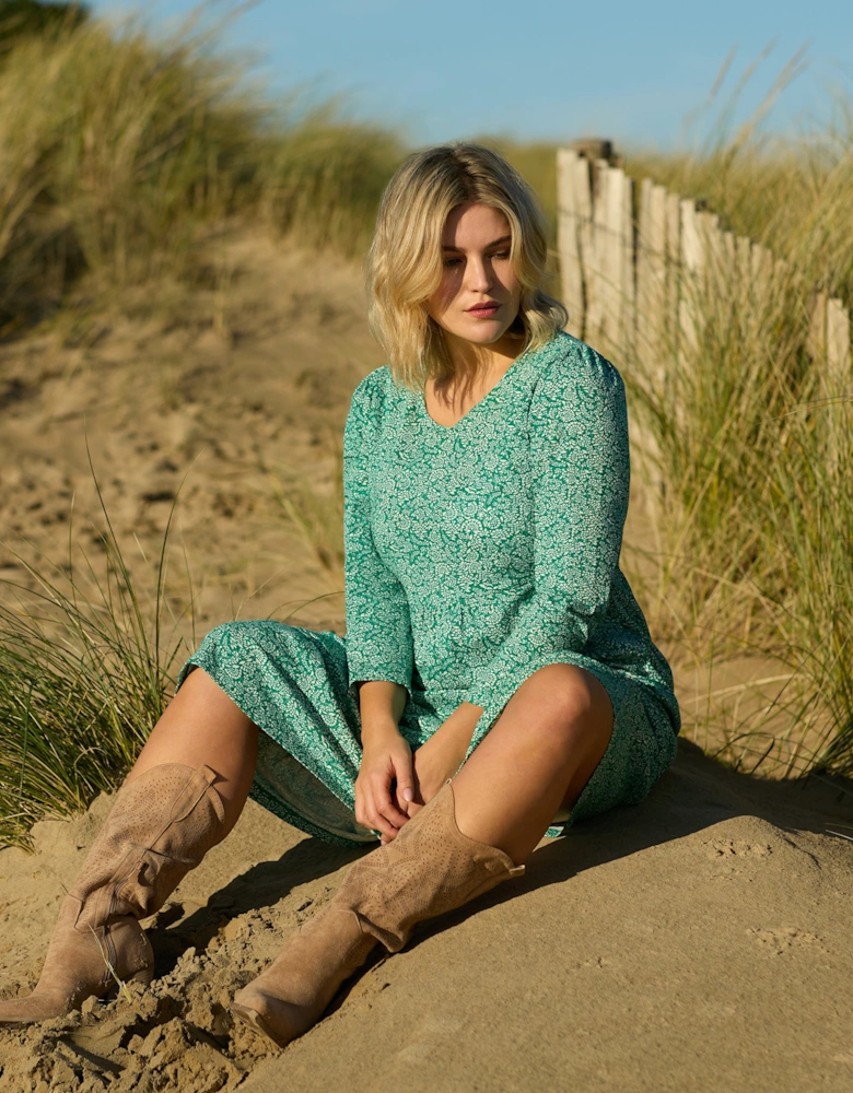 Green Ditsy Leaf Cotton Slub Tiered Midi Dress