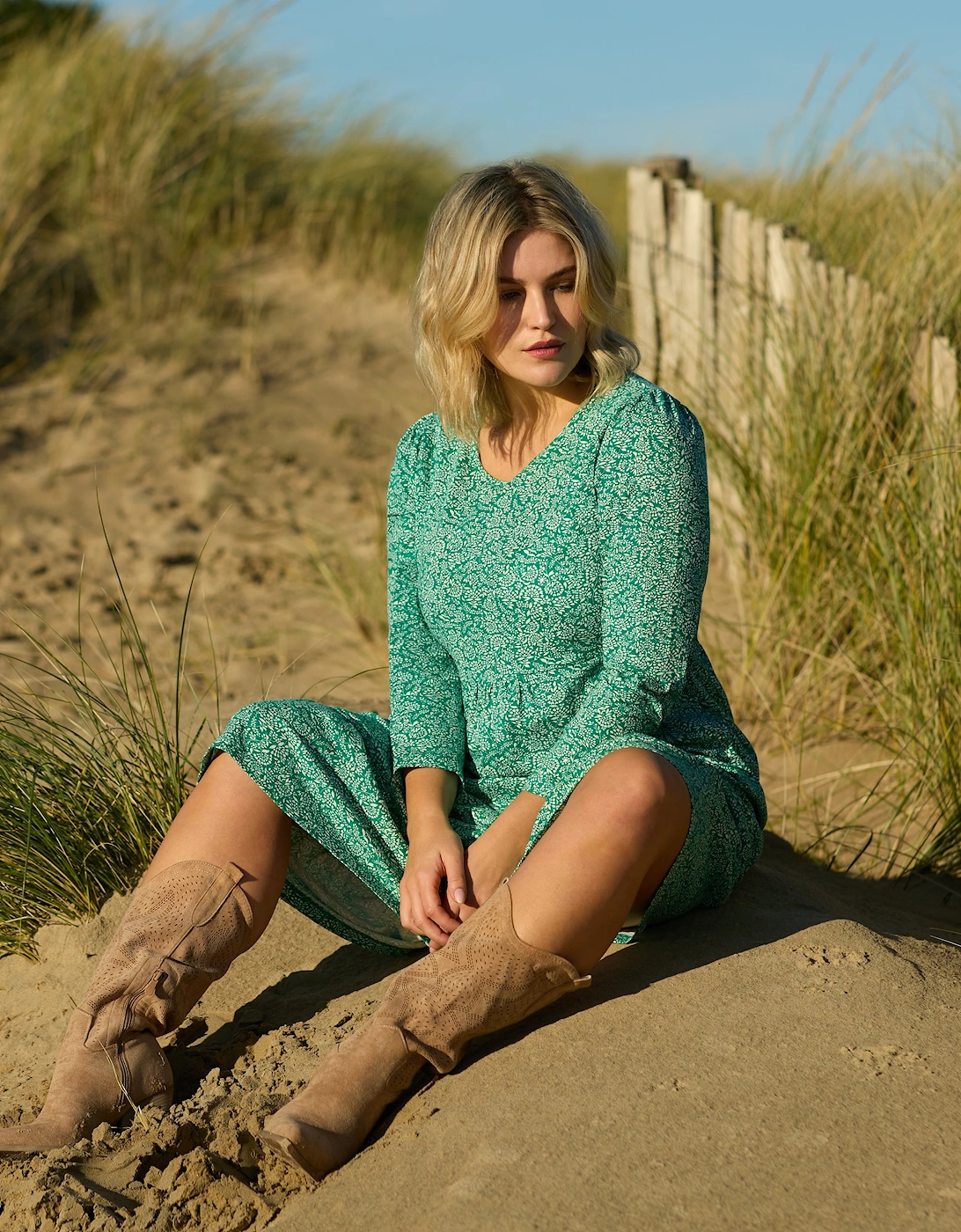 Green Ditsy Leaf Cotton Slub Tiered Midi Dress