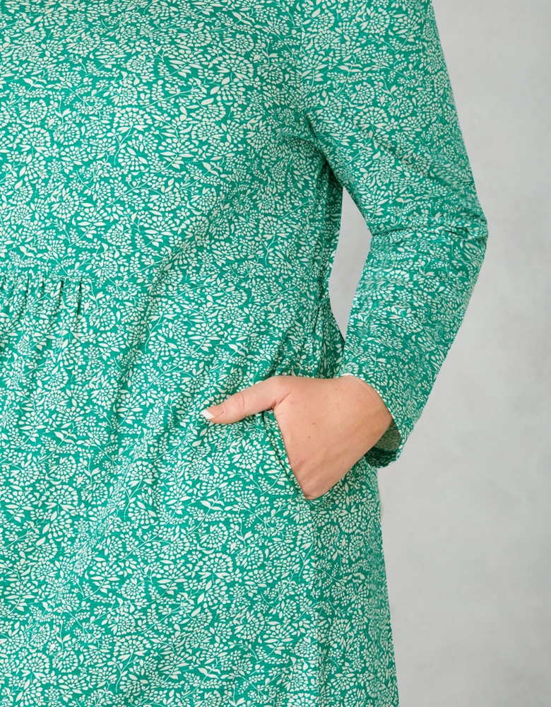 Green Ditsy Leaf Cotton Slub Tiered Midi Dress