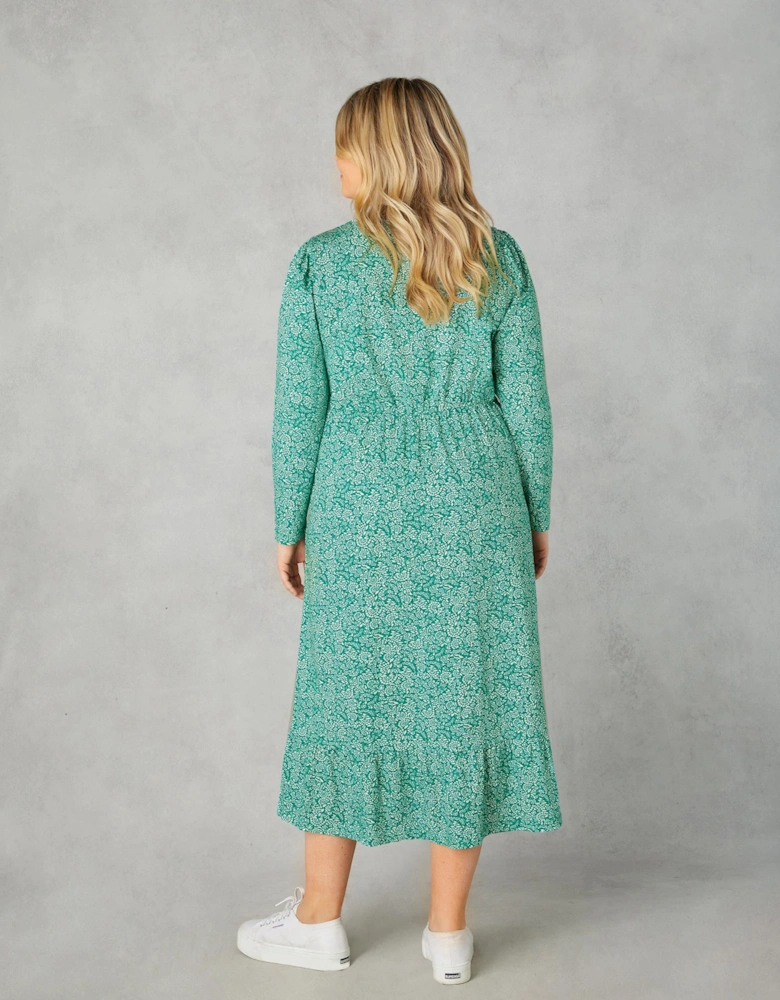 Green Ditsy Leaf Cotton Slub Tiered Midi Dress