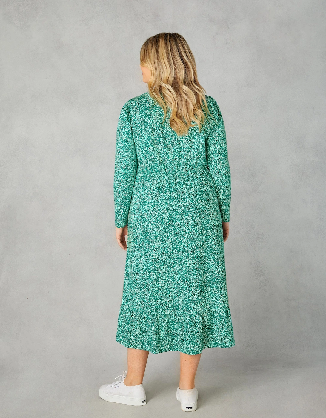 Green Ditsy Leaf Cotton Slub Tiered Midi Dress