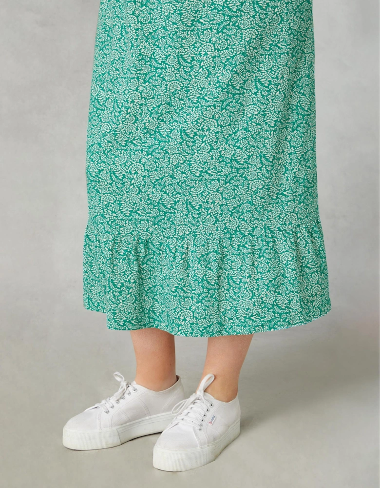 Green Ditsy Leaf Cotton Slub Tiered Midi Dress
