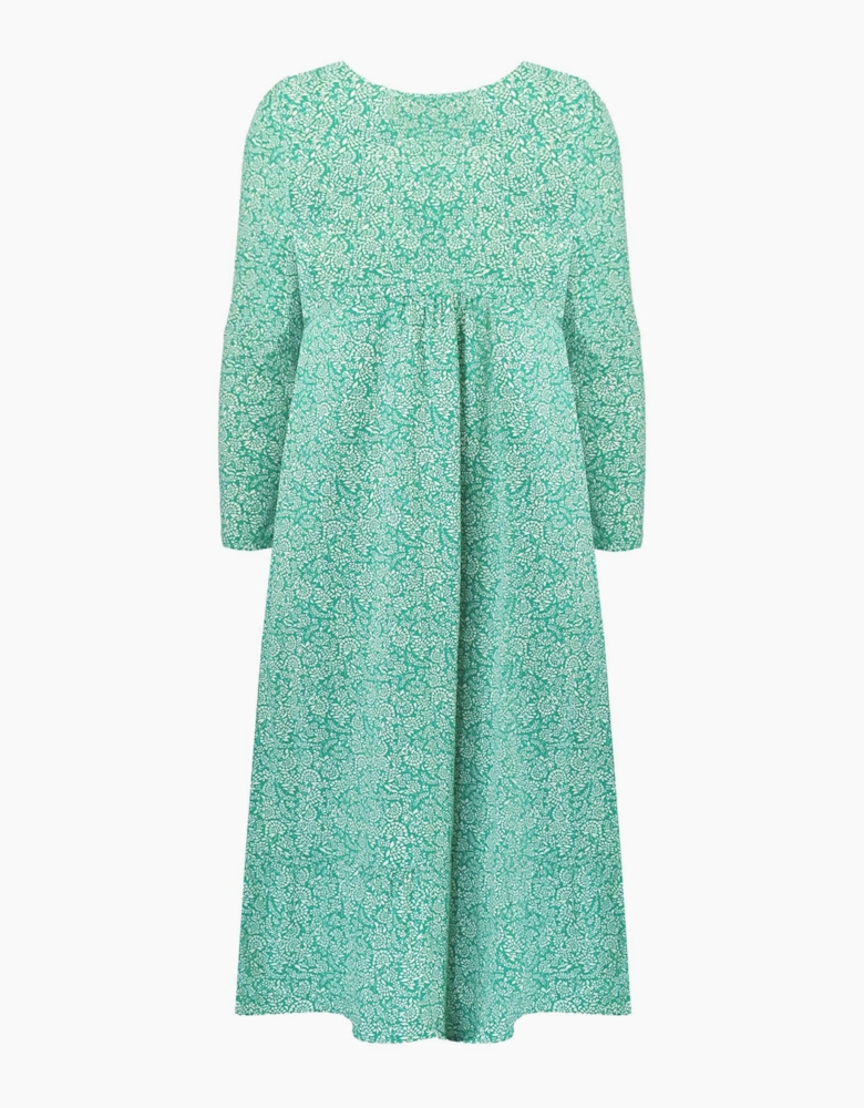 Green Ditsy Leaf Cotton Slub Tiered Midi Dress
