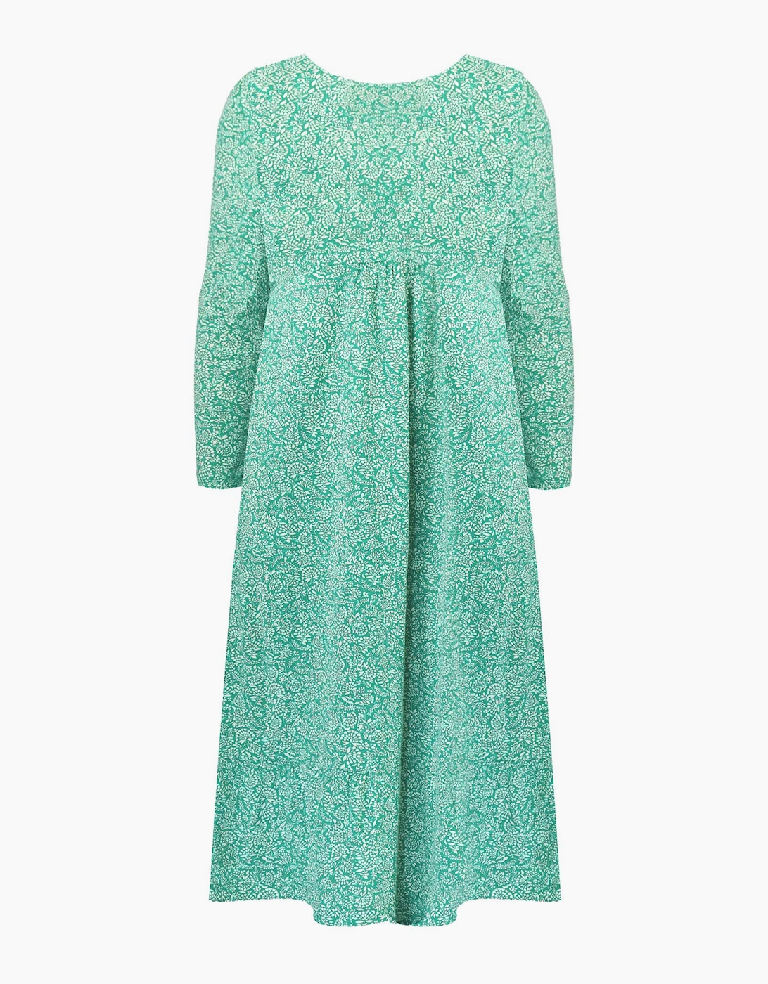 Green Ditsy Leaf Cotton Slub Tiered Midi Dress