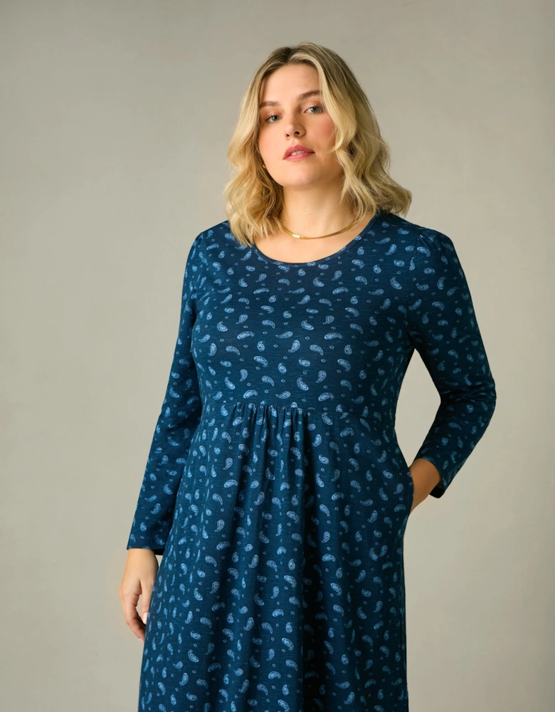 Blue Paisley Cotton Slub Tiered Midi Dress