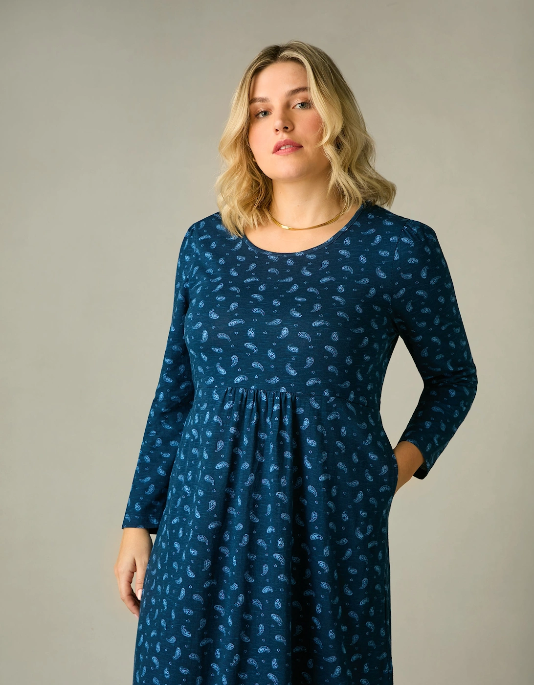 Blue Paisley Cotton Slub Tiered Midi Dress