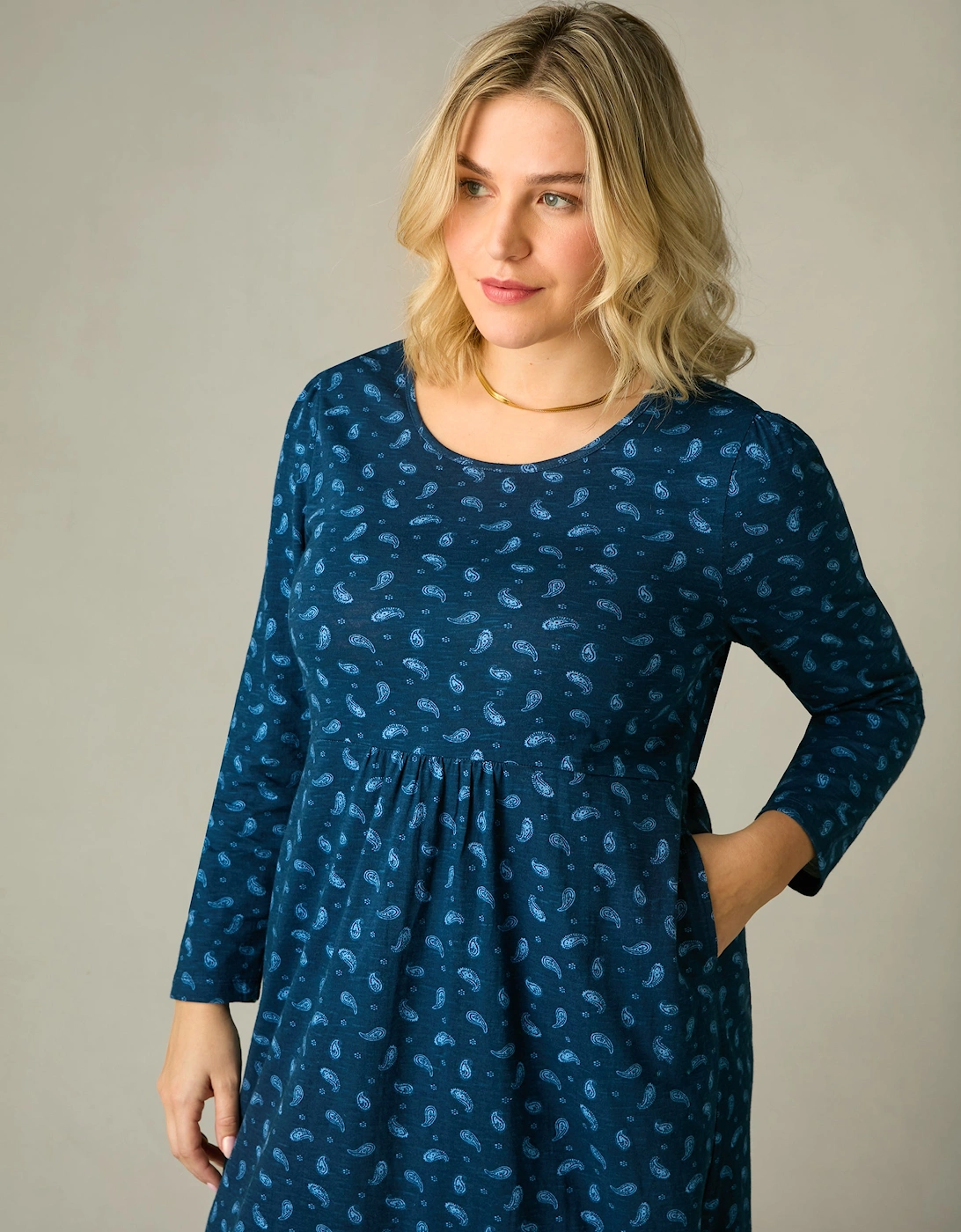 Blue Paisley Cotton Slub Tiered Midi Dress