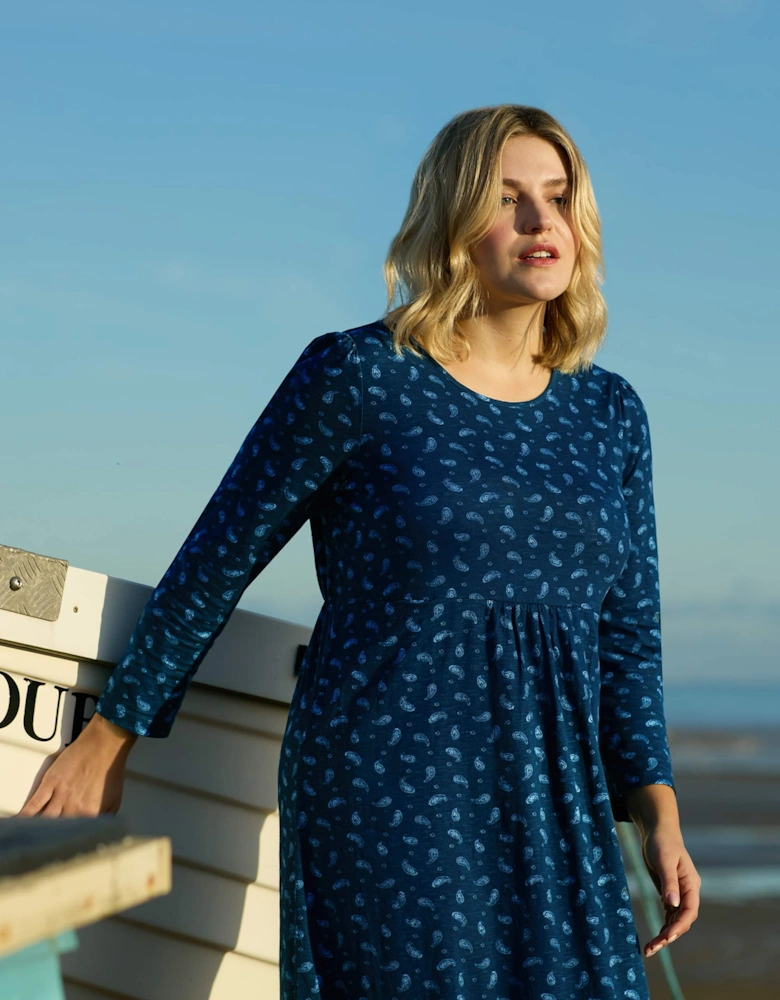 Blue Paisley Cotton Slub Tiered Midi Dress