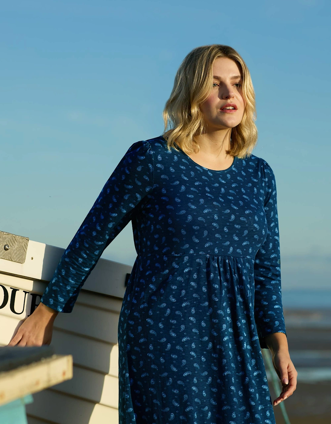 Blue Paisley Cotton Slub Tiered Midi Dress