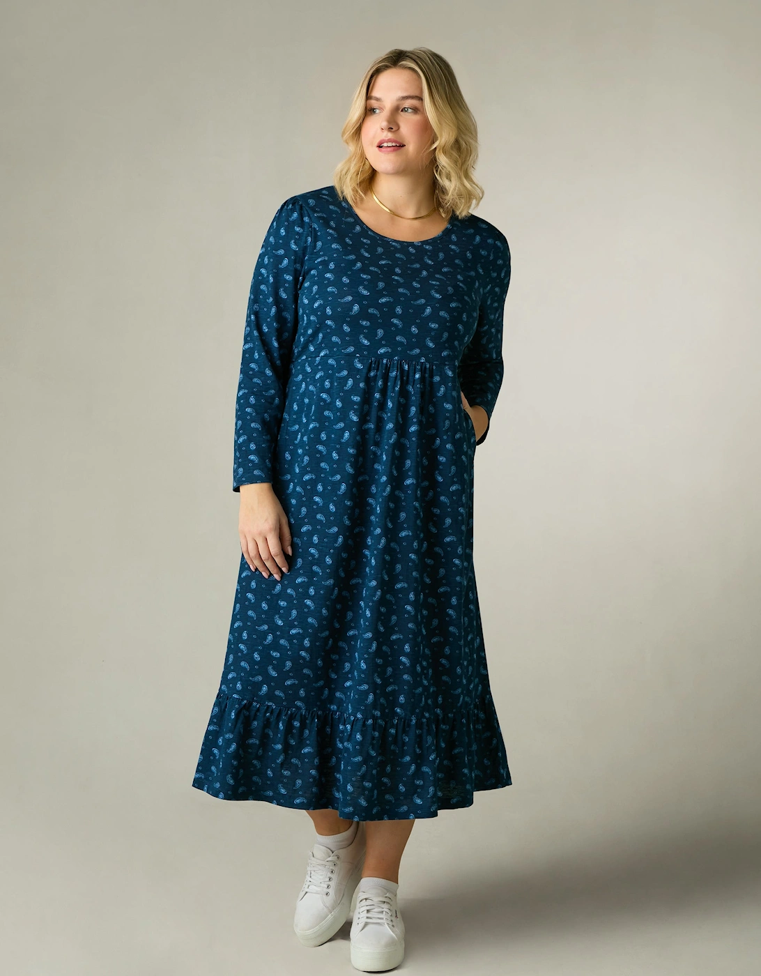 Blue Paisley Cotton Slub Tiered Midi Dress