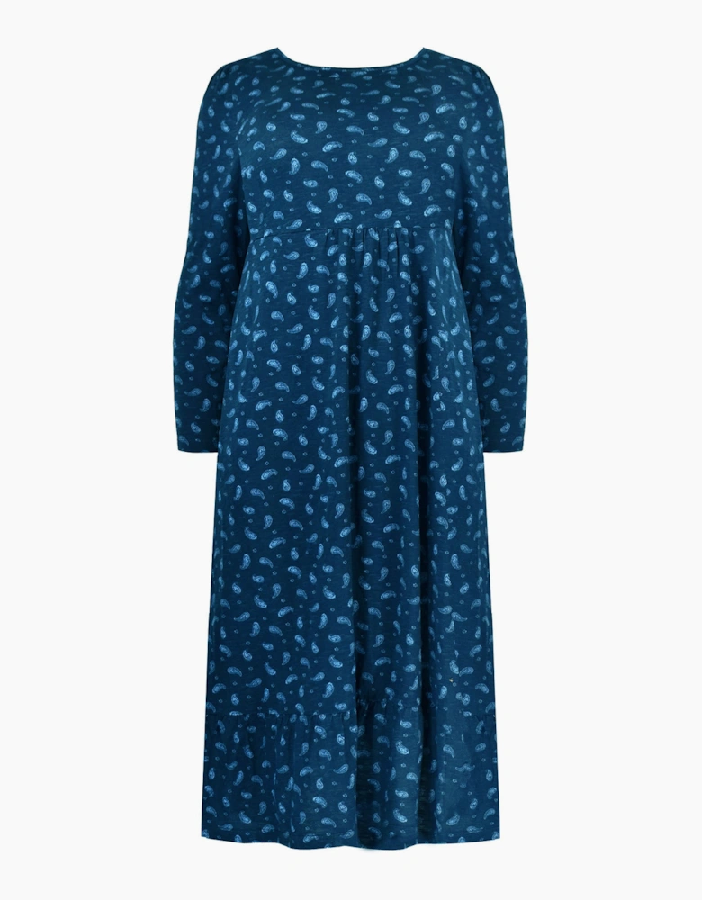 Blue Paisley Cotton Slub Tiered Midi Dress