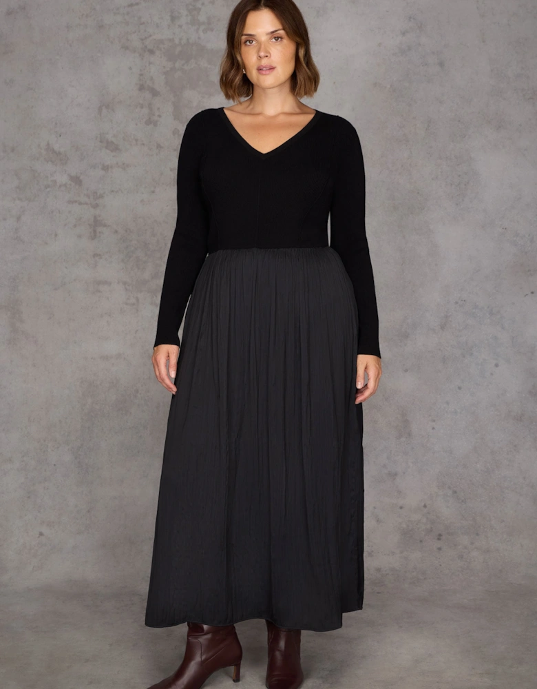Black Knit Bodice Pleated Skirt Dress