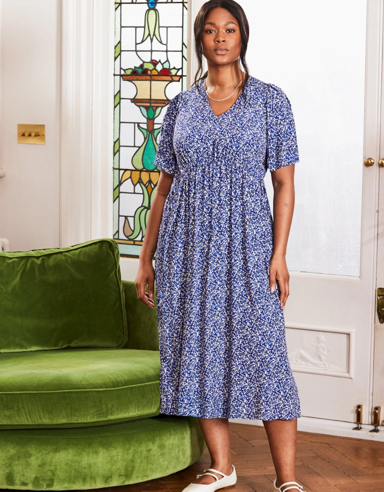 Blue Ditsy Angel Sleeve Midi Dress