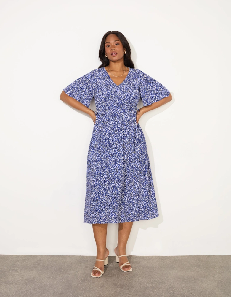 Blue Ditsy Angel Sleeve Midi Dress