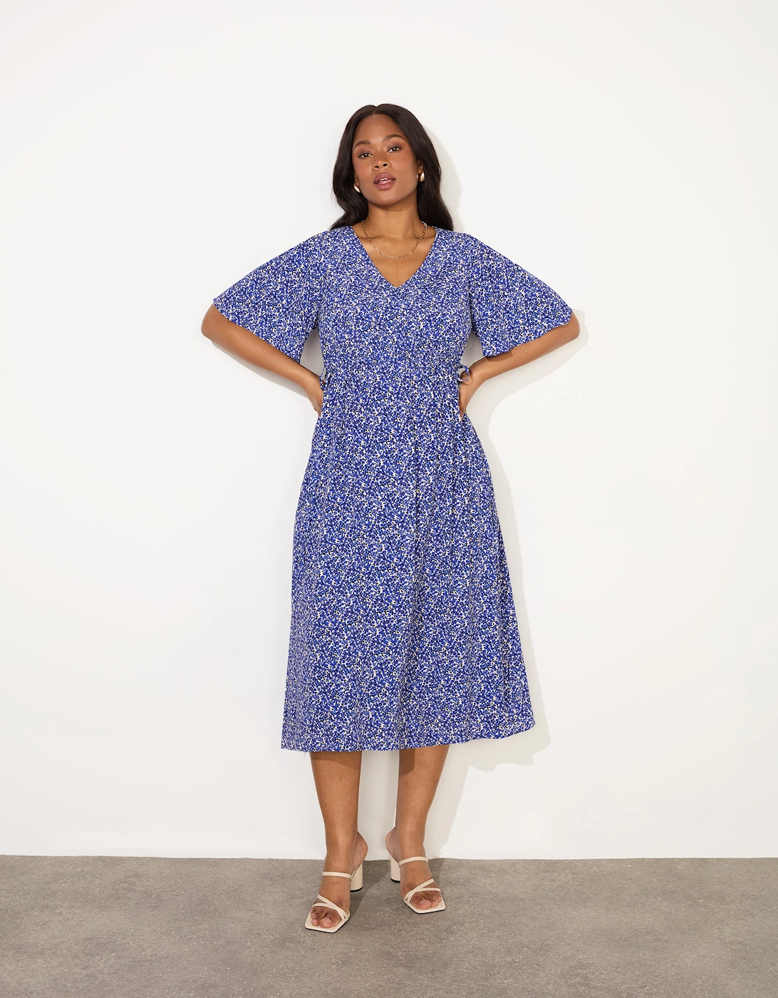 Blue Ditsy Angel Sleeve Midi Dress