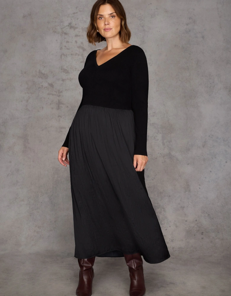 Black Knit Bodice Pleated Skirt Dress