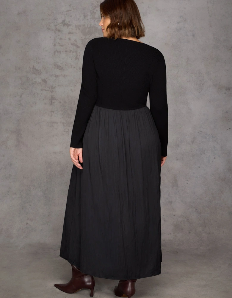 Black Knit Bodice Pleated Skirt Dress