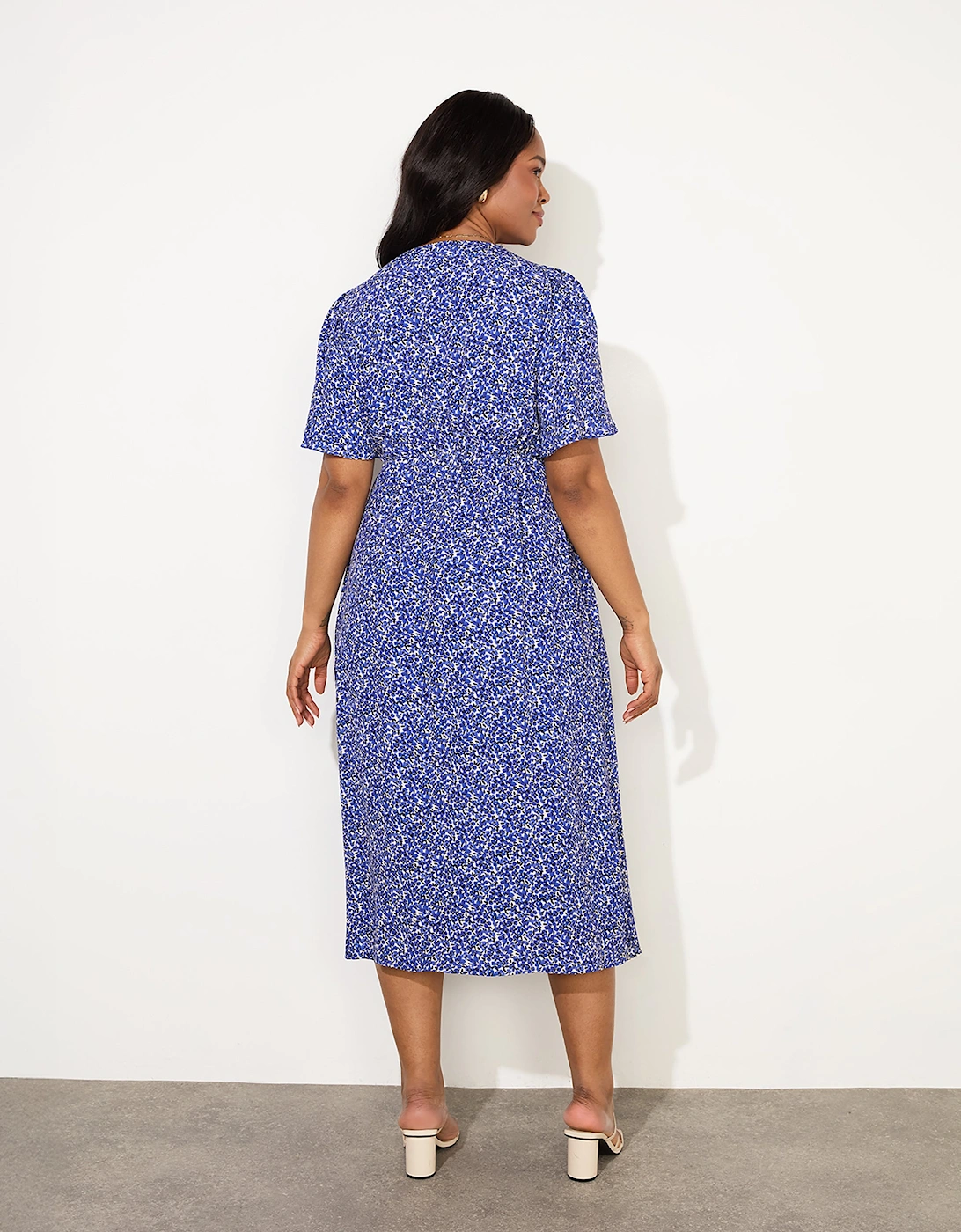 Blue Ditsy Angel Sleeve Midi Dress