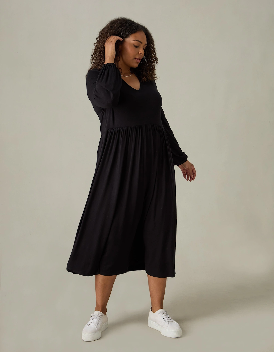 Black Jersey Nehru Collar Midi Dress