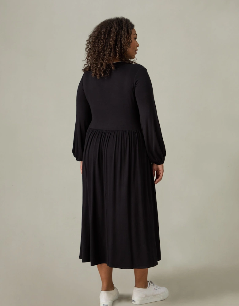 Black Jersey Nehru Collar Midi Dress